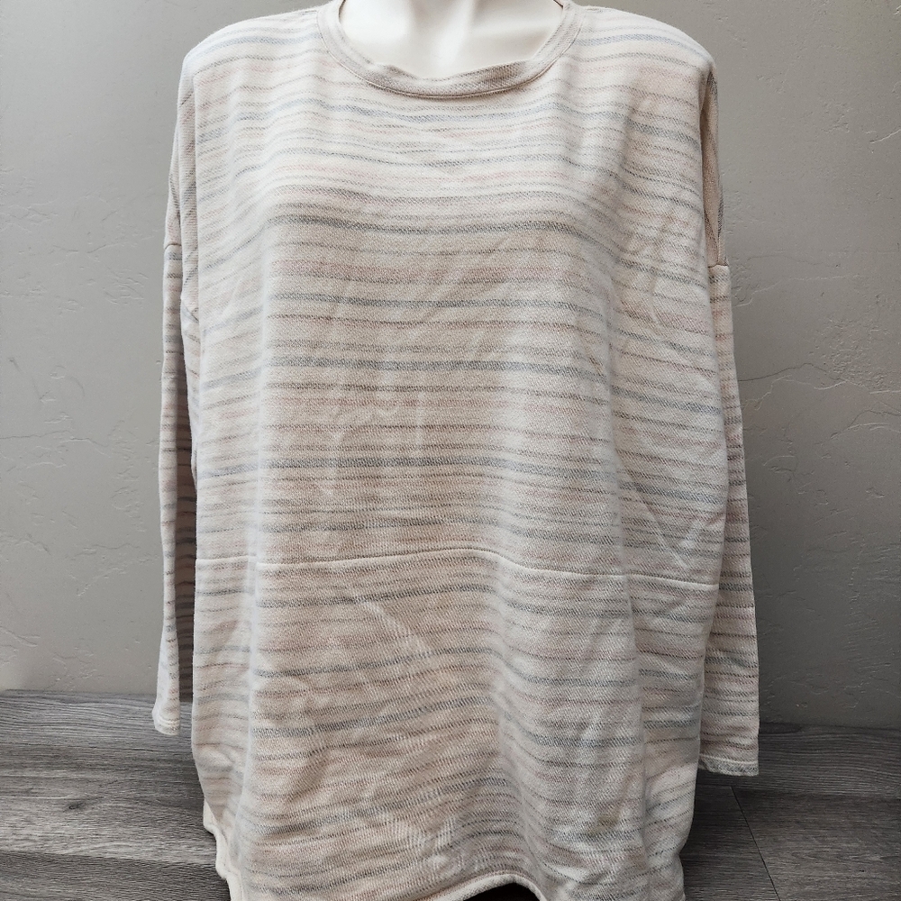 J Jill‎ Cream Tunic Top Size XL Reversed Stripes Pockets Round Neck Oversized